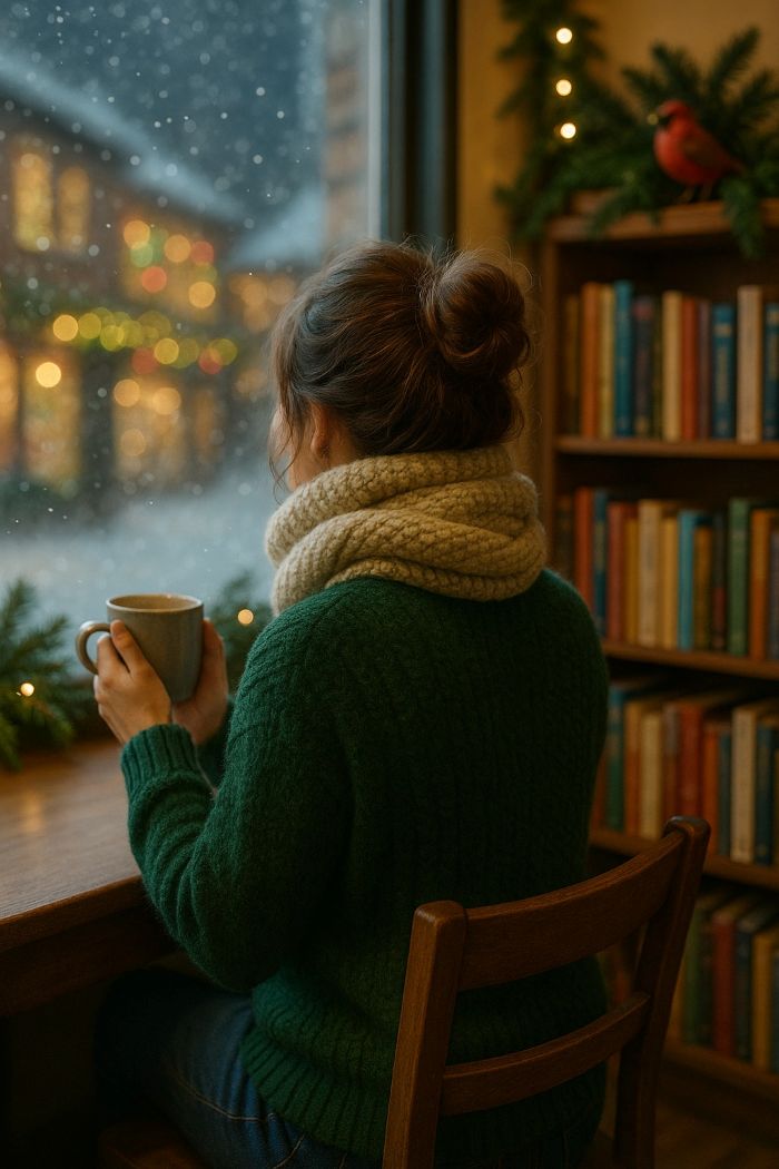 A woman in a green sweater holding a mug, looking out a window at a snowy scene.
