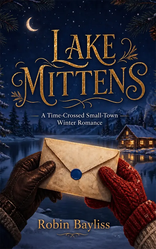 Lake Mittens book cover by Robin Bayliss, showing a leather glove and red knitted mitten holding a sealed letter beside a moonlit frozen lake.