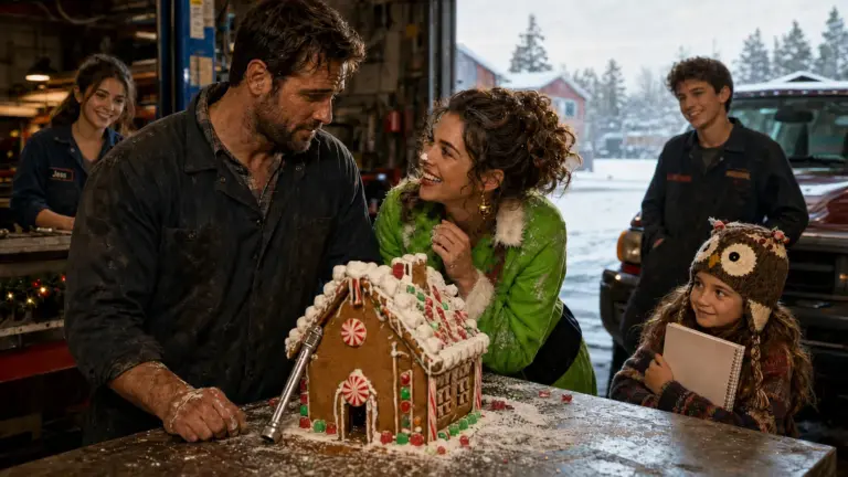 Jack and Noelle repair a collapsing gingerbread house inside Ellison’s Auto in Snowball Falls.
