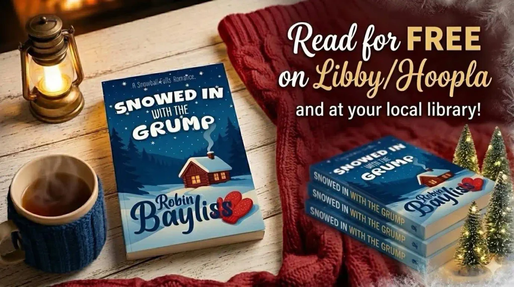Snowed In with the Grump shown with a mug, lantern and winter decorations, promoting free library borrowing